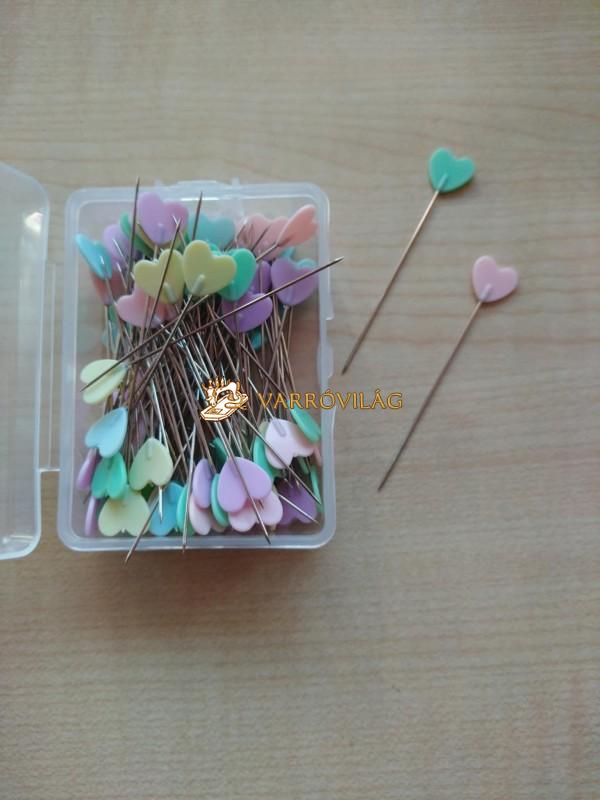 Műanyag fejű, vasalható gombostű, szivecskés, 100 darabos csomag